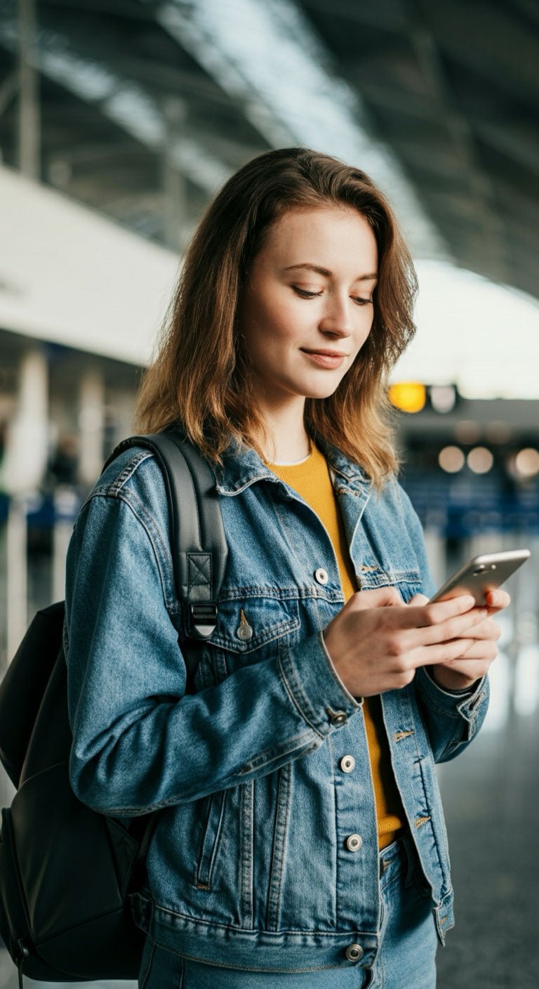 Happy traveller using phone